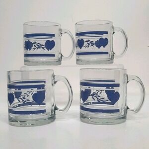 Vintage Set of 4 Clear Glass Coffee Mugs w/ Blue Hearts 13 ounce Capacity